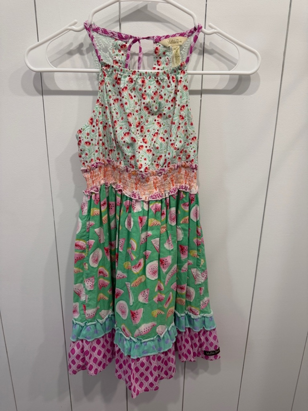 Matilda Jane Girls 8 Watermelon Dress Green Pink Fruit Print Smocked Back Halter
